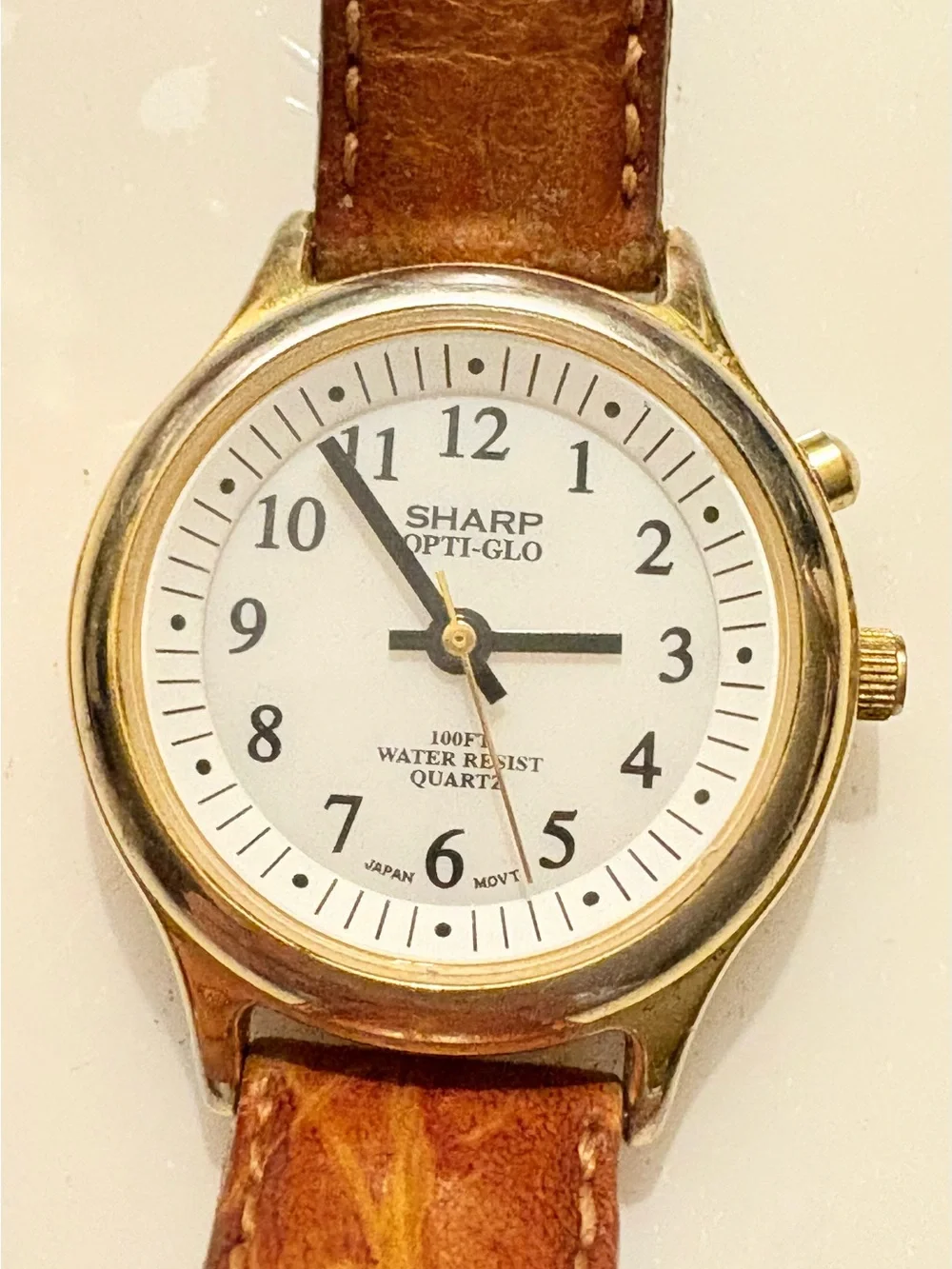 SHARP Opti-Glo Quartz 100ft WR Gold Tone SS Brown Leather White Dial Watch